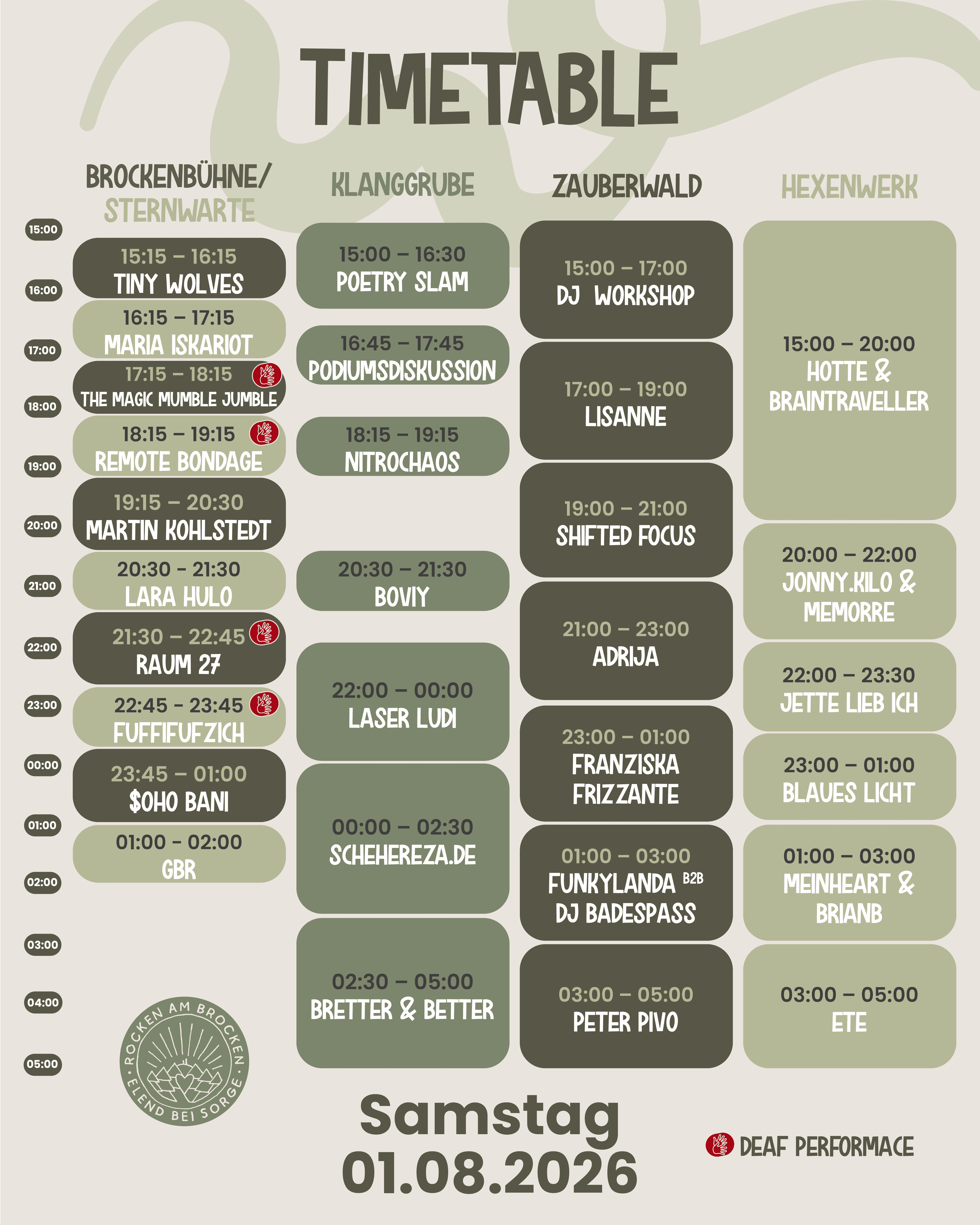 Rocken am Brocken 2026 – Timetable Samstag, 01. August
